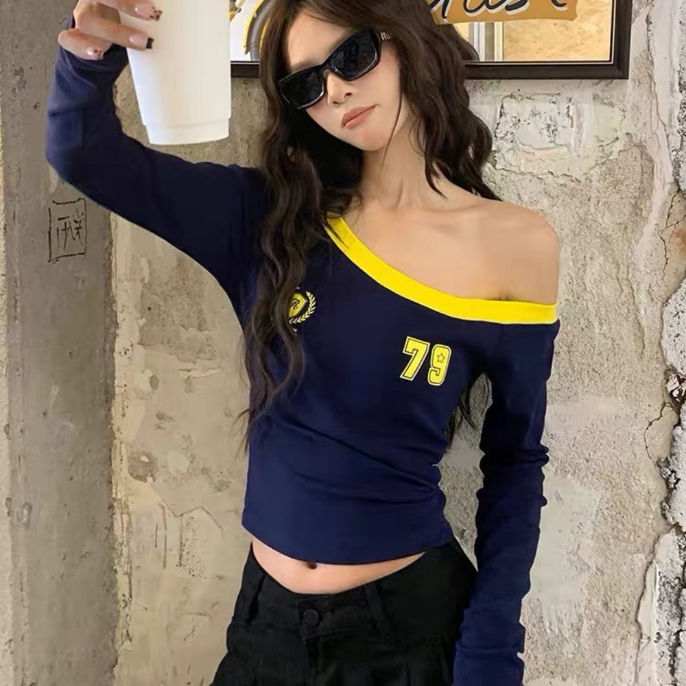 Navy & Yellow women’s' one shoulder Long-Sleeve Top